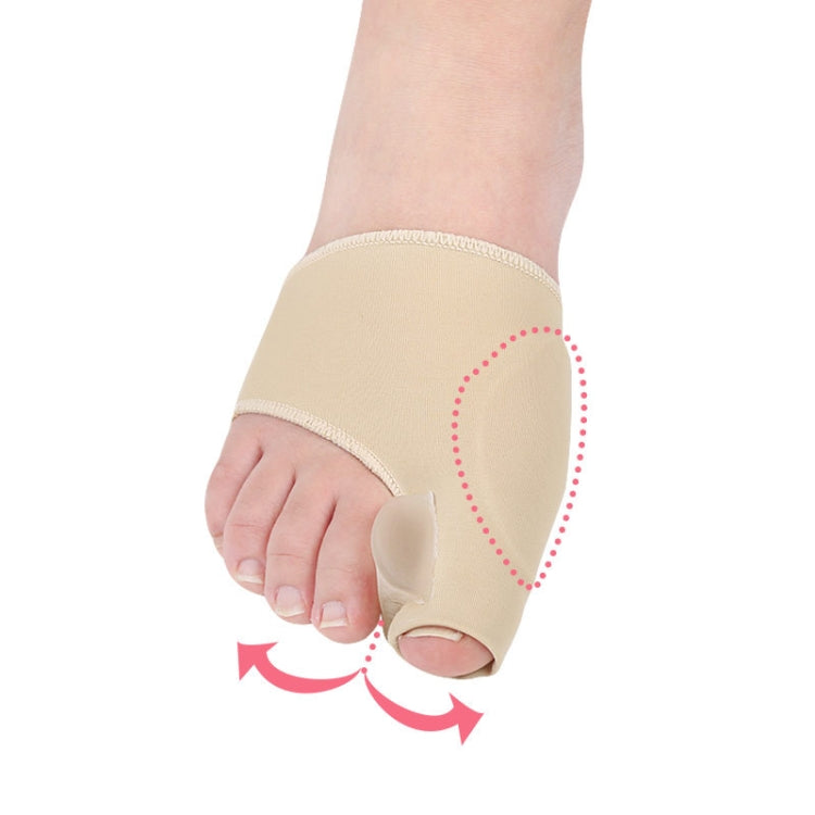 Beige bunion relief toe sleeve on foot with toe separator and curved ring pad