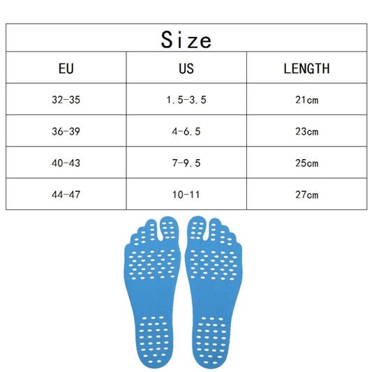 Blue anti-slip summer sandal insoles showing size chart and dotted traction