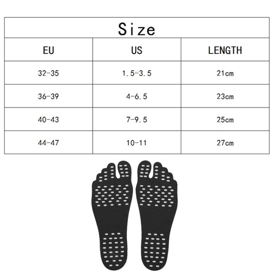 Size chart with black anti-slip summer insole and traction dot underside, pair