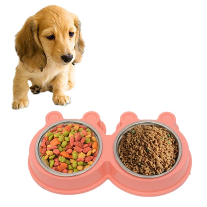 Pink 2-in-1 cartoon double pet bowl with stainless inserts, shown with food portions.