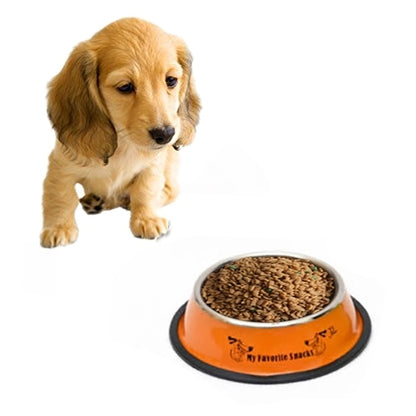 Orange stainless steel pet bowl with printed side and black anti-slip base