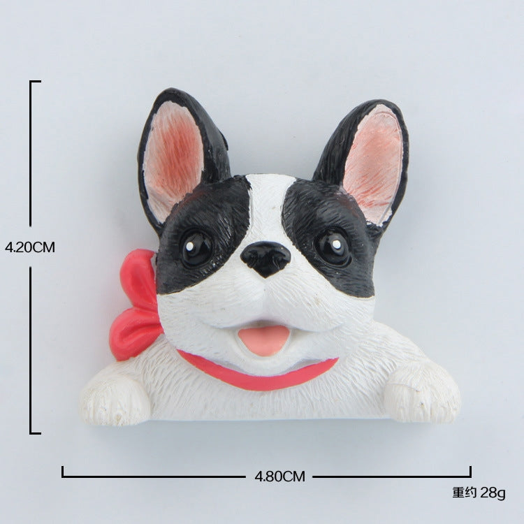 3D French bulldog fridge decoration with red collar, black-and-white