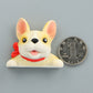 3D French bulldog fridge decoration with red collar, cream color, coin for scale