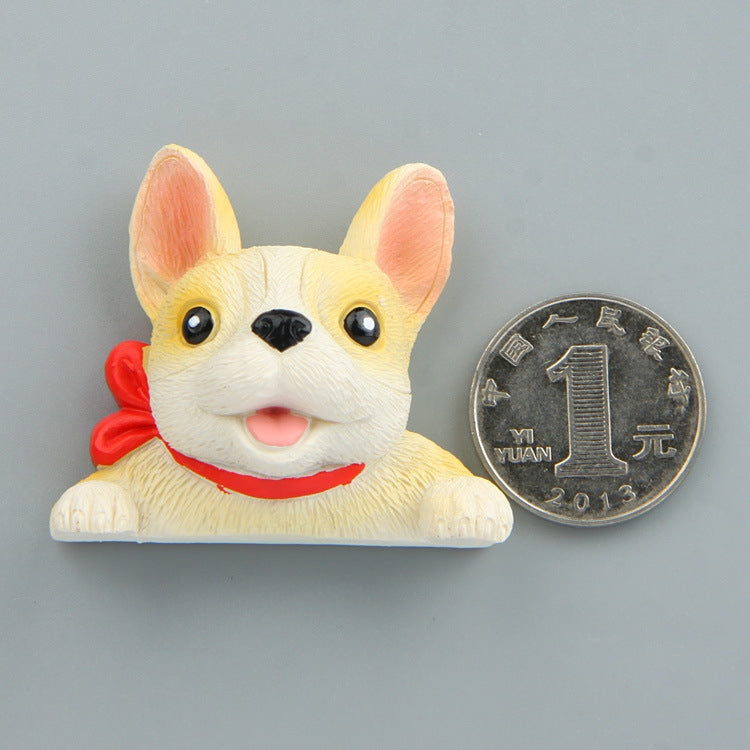 3D French bulldog fridge decoration with red collar, cream color, coin for scale