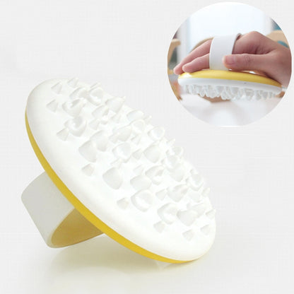 White and yellow body massage scrub brush with raised TPR nubs and grip handle