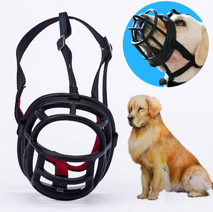 Black dog basket muzzle with padded straps and red inner cushion