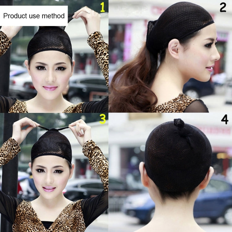 Black mesh wig liner cap worn under wig, side view