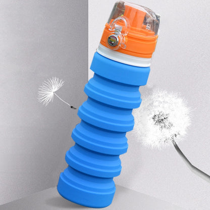 Blue foldable silicone drinking bottle with clear flip spout and orange latch lid