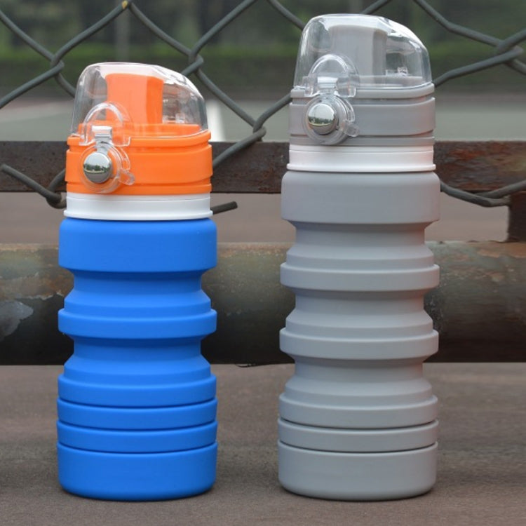 Blue and grey foldable silicone telescopic drinking bottles with clear flip spouts