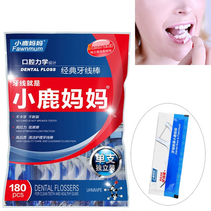 Dental flossers pack with 180-count floss pick sachet, blue and red packaging