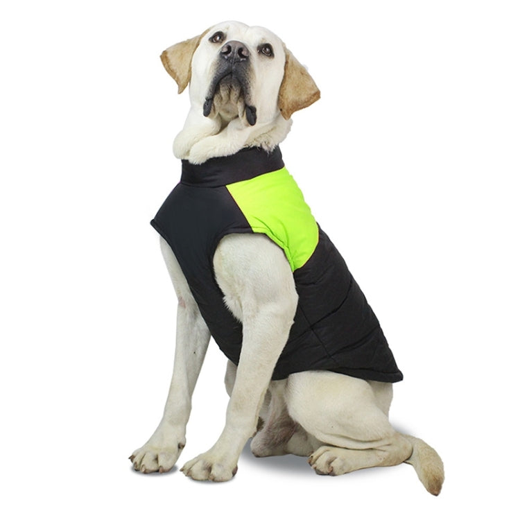 Pet dog ski suit vest with black body and neon green side panel, padded sleeveless