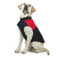 Pet dog ski suit vest with black body and red side panel, padded and sleeveless