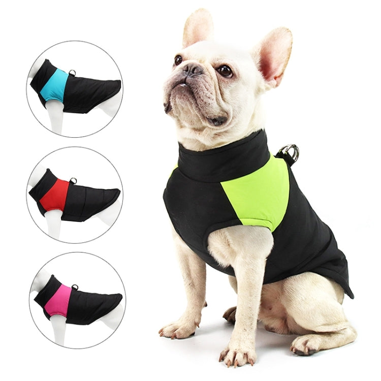 Pet dog cotton vest ski suit, black with neon green panel, front harness-style straps