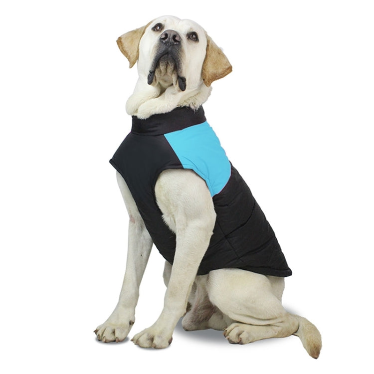 Black and blue padded dog ski vest with arm openings, worn by sitting dog