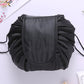 Black ruffled drawstring cosmetic storage pouch with stitched front panel