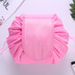 Light pink ruffled drawstring cosmetic storage pouch with stitched front panel