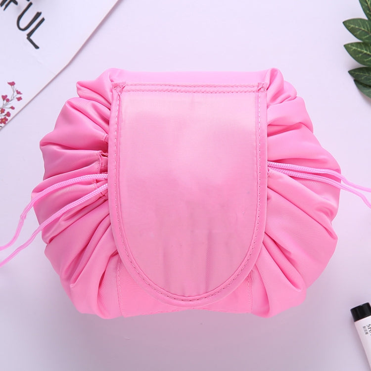Light pink ruffled drawstring cosmetic storage pouch with stitched front panel
