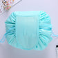 Mint green ruffled drawstring cosmetic storage pouch with stitched front panel and side ties
