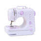 White desktop mini sewing machine with purple control dial and visible presser foot