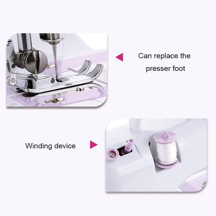 Mini desktop sewing machine presser foot and feed area, front view close-up