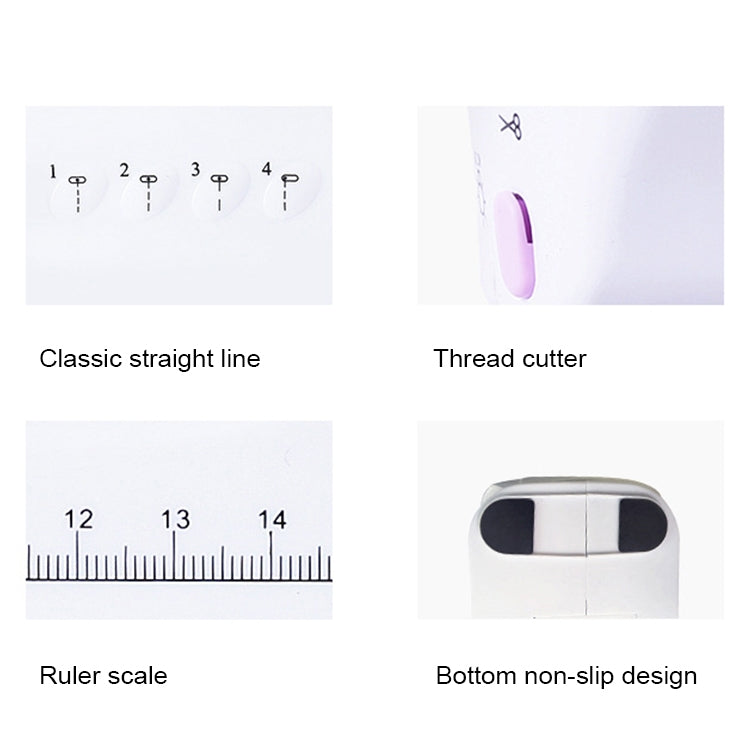 Mini sewing machine accessory features: stitch guide icons, thread cutter, ruler scale