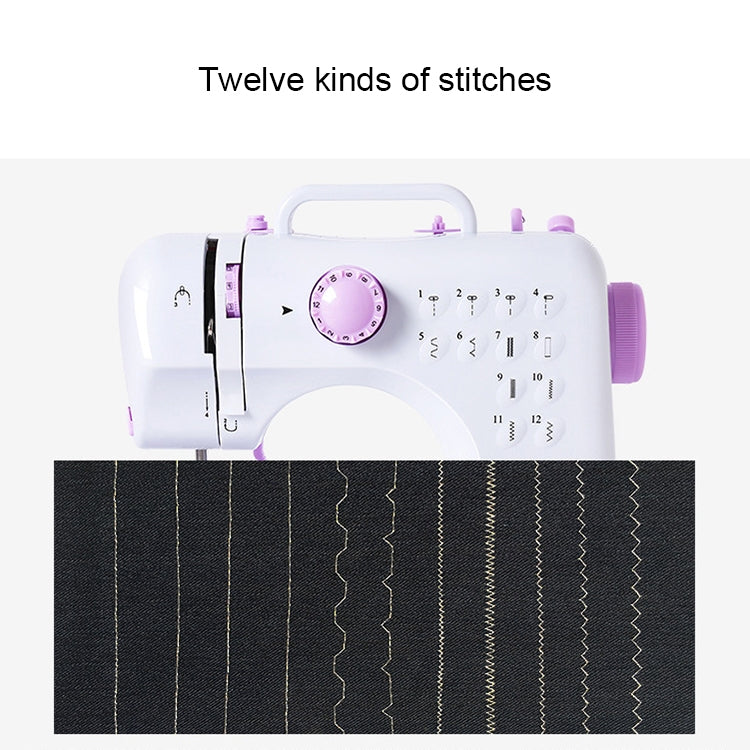 Mini desktop sewing machine with stitch dial and visible fabric sample stitch patterns