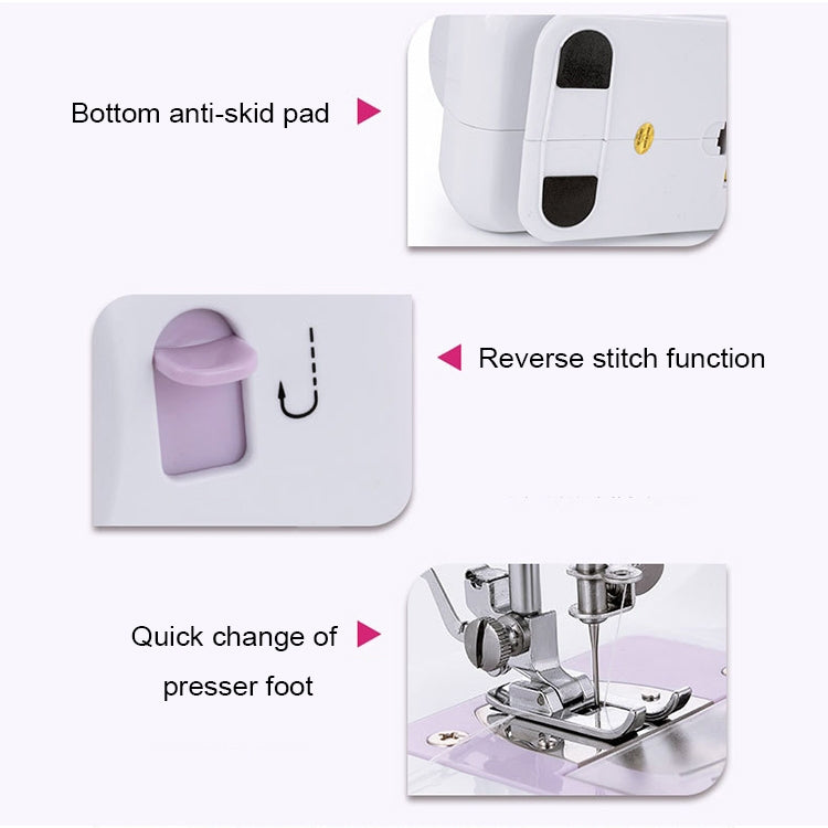 Sewing machine base with anti-skid pad, reverse stitch option, and quick presser foot change