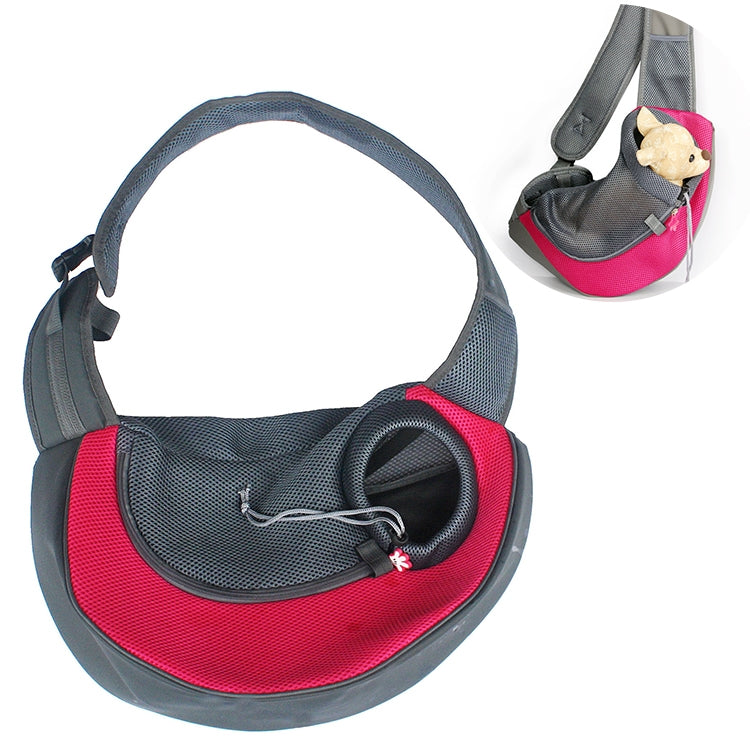 Reversible pet sling carrier with breathable mesh, red base and gray outer, large size