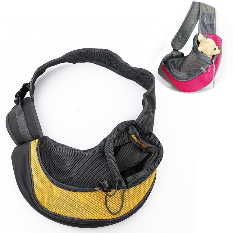 Reversible pet sling carrier with breathable mesh, yellow base and black trim, large size