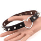 Brown and black leather heart chokers with silver heart pendants and metal spike studs.