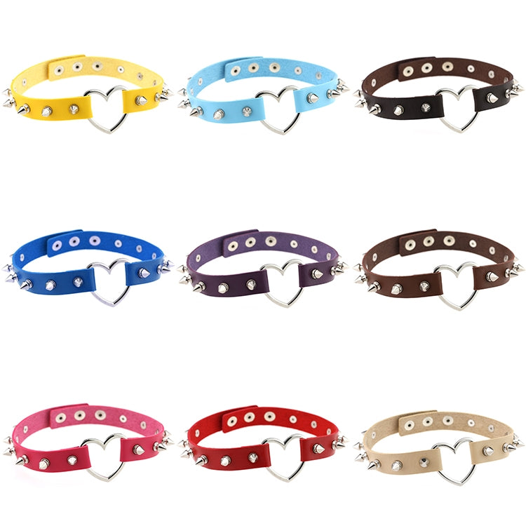 Assorted color leather heart chokers with silver heart pendants and metal rivets.