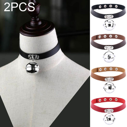Bell pendant studded leather choker necklace set, shown in multiple colors on a mannequin