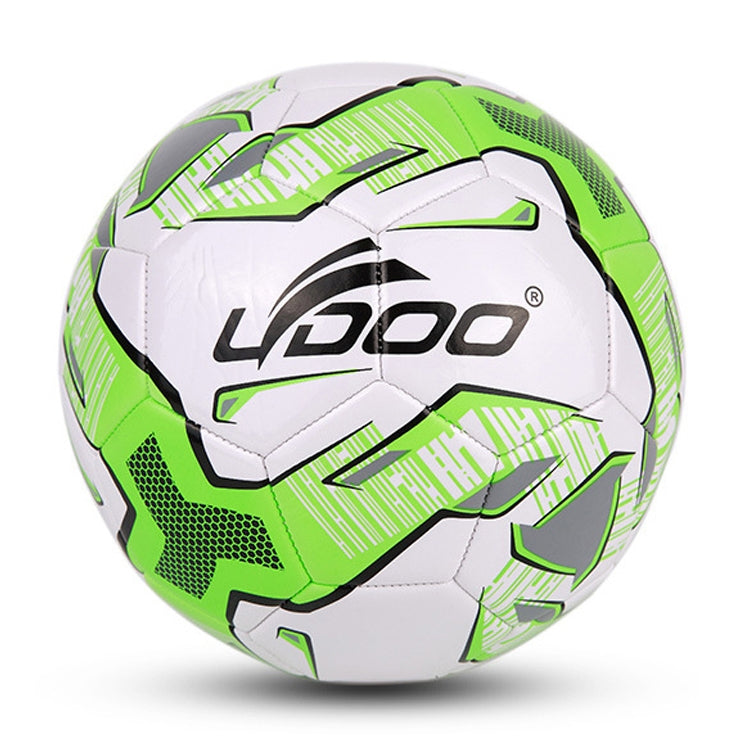 Green and white PU football with LDOO logo and geometric stripe graphics.