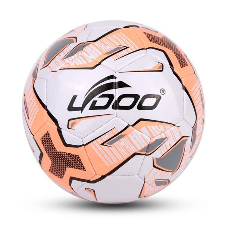 Orange and white stitched PU football with LDOO logo and graphic pattern panels.