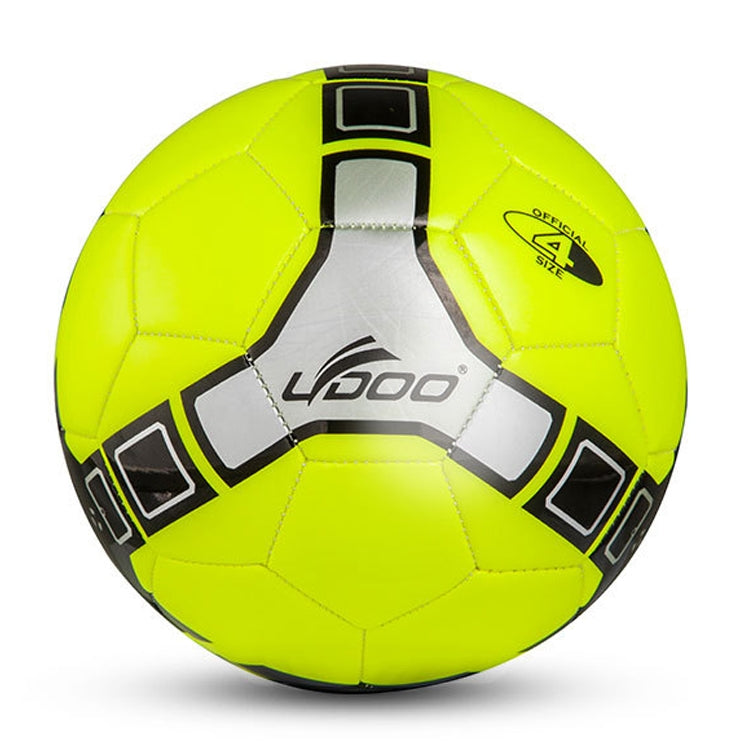 Neon green PU leather soccer ball with gray and black angular accents