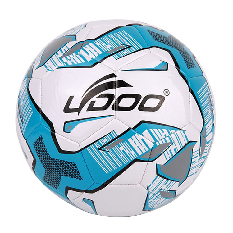 Blue and white PU football with LDOO logo and geometric panel graphics.