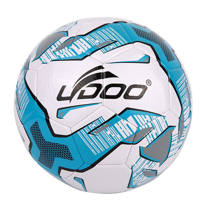 Blue and white PU football with LDOO logo and geometric panel graphics.