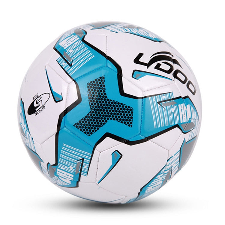 Blue and white stitched PU football with LDOO logo and textured pattern panels.