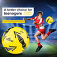 Teen soccer player running with a large fluorescent yellow football.
