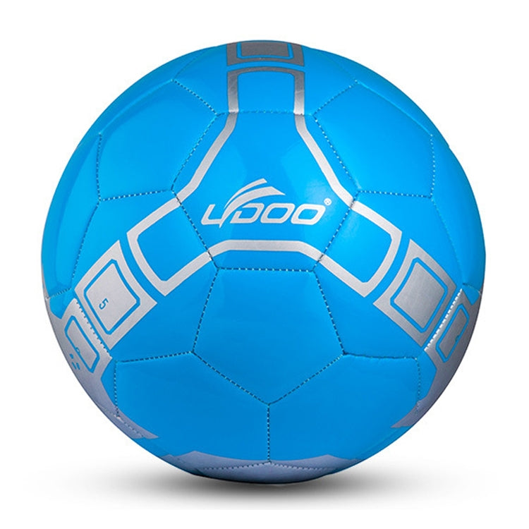 Blue PU leather soccer ball with light-blue and white geometric stripes