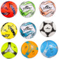 Assorted set of nine PU leather soccer balls in bright colors with printed graphics