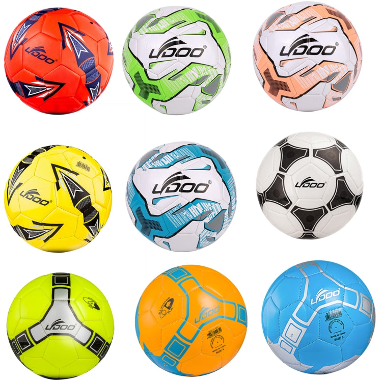 Assorted set of nine PU leather soccer balls in bright colors with printed graphics