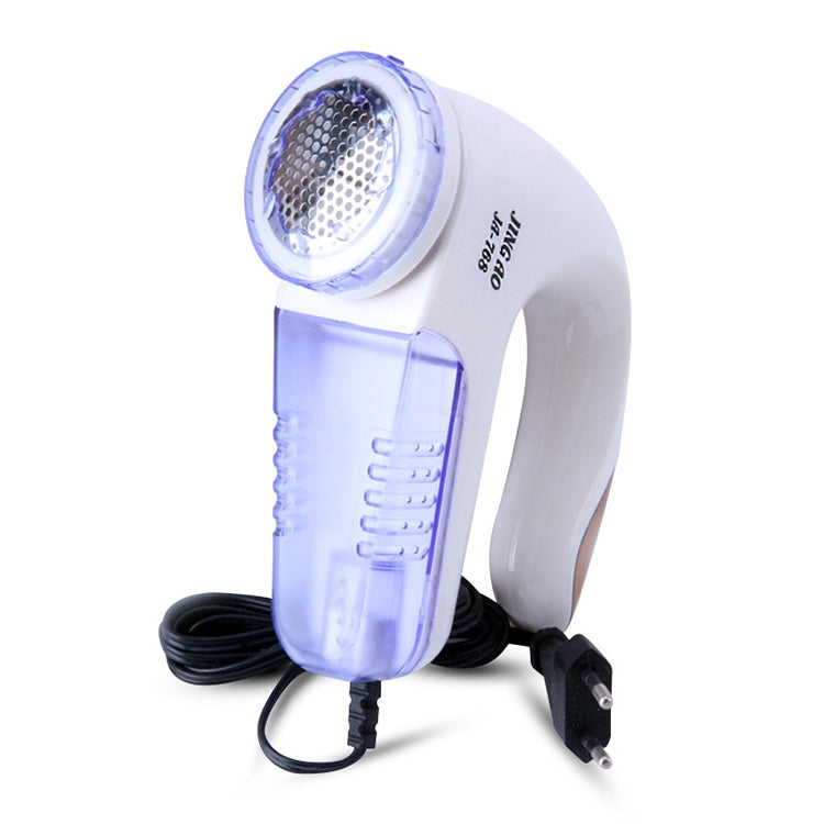 Electric fur ball trimmer with clear blue head, white body, and attached EU power cord