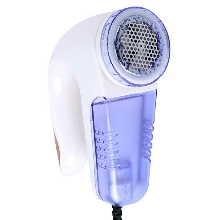 Electric fur ball trimmer with white body and clear blue shaving drum with metal mesh