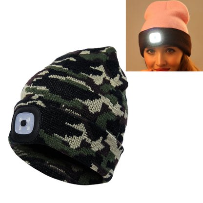 Camouflage knit winter beanie with glowing LED light patch on the side