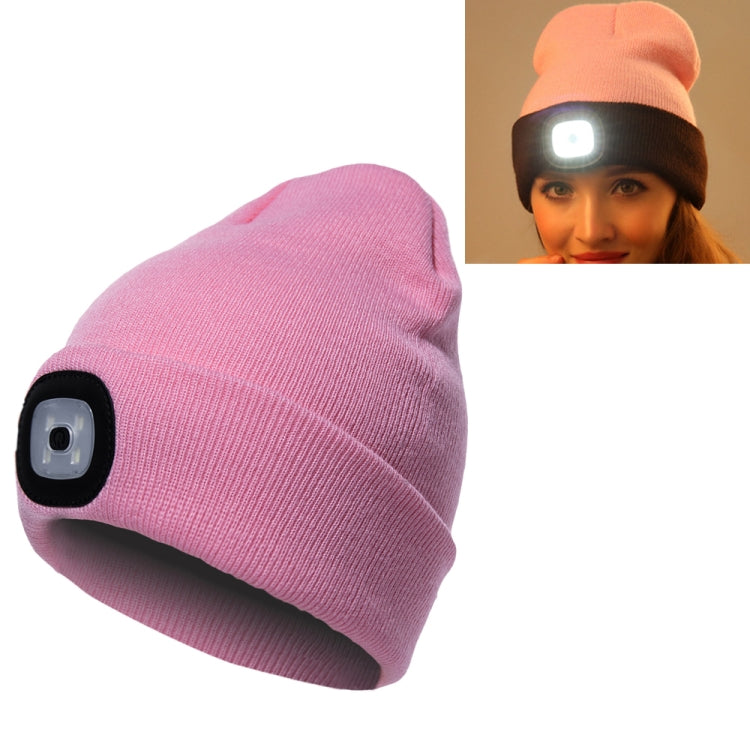 Light pink knit beanie hat with front LED light module