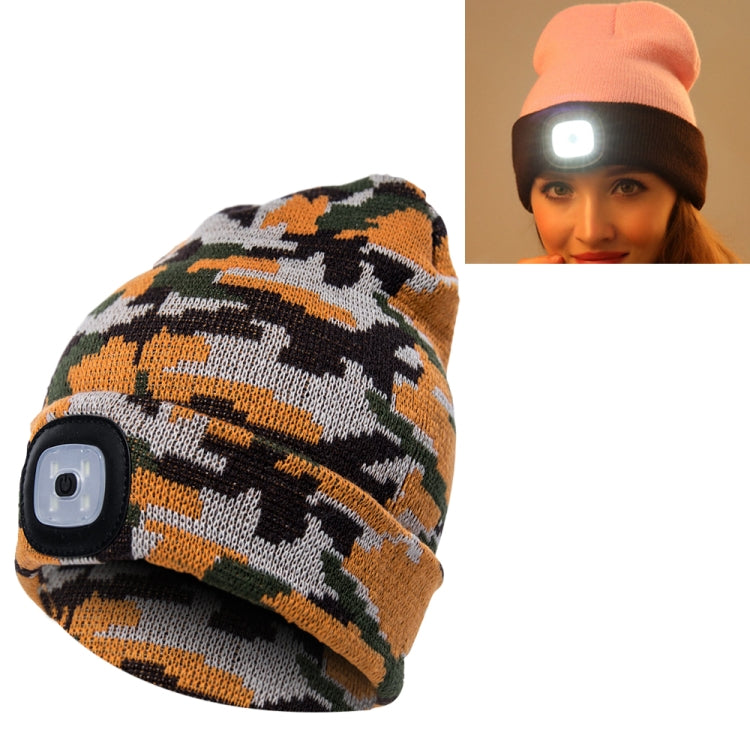 Camo knit beanie hat with front LED light module