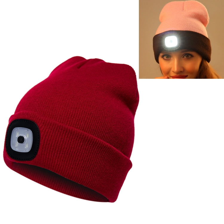 Red knit beanie hat with front LED light module