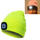 Fluorescent yellow-green knit beanie hat with front LED light module