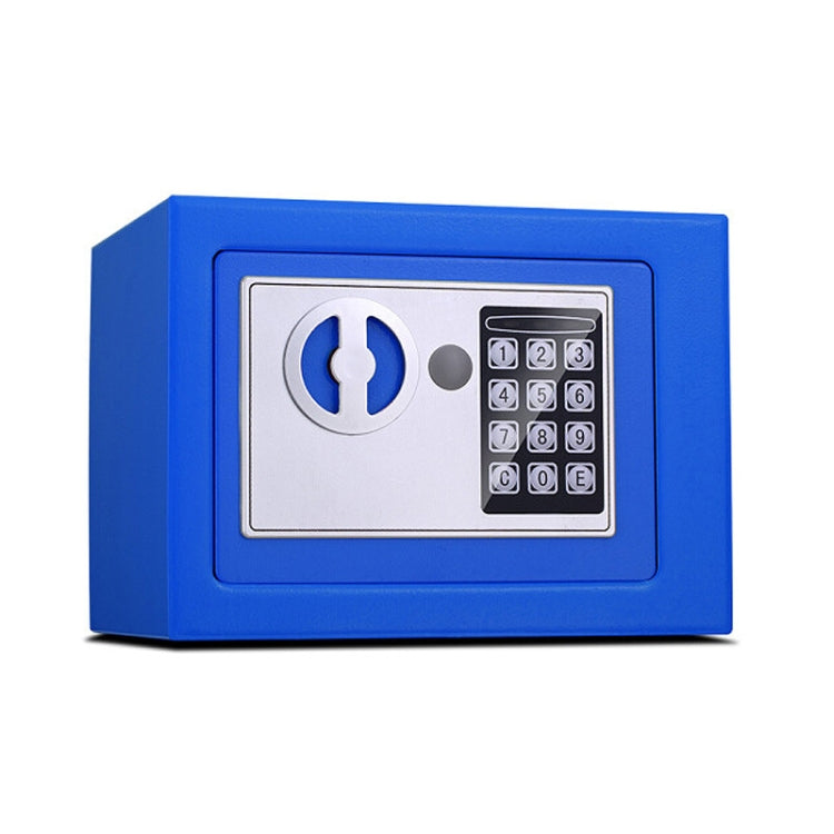 Mini electronic security lock box with keypad and keyhole, blue finish